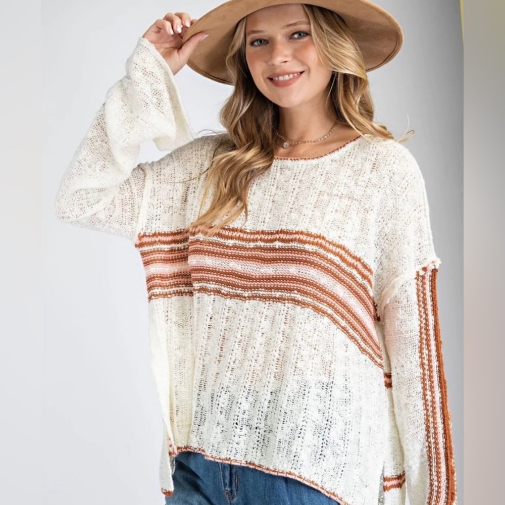 EASEL Cream Burgundy Stripe Lightweight Relaxed Fit Knit Sweater - Picture 8 of 8
